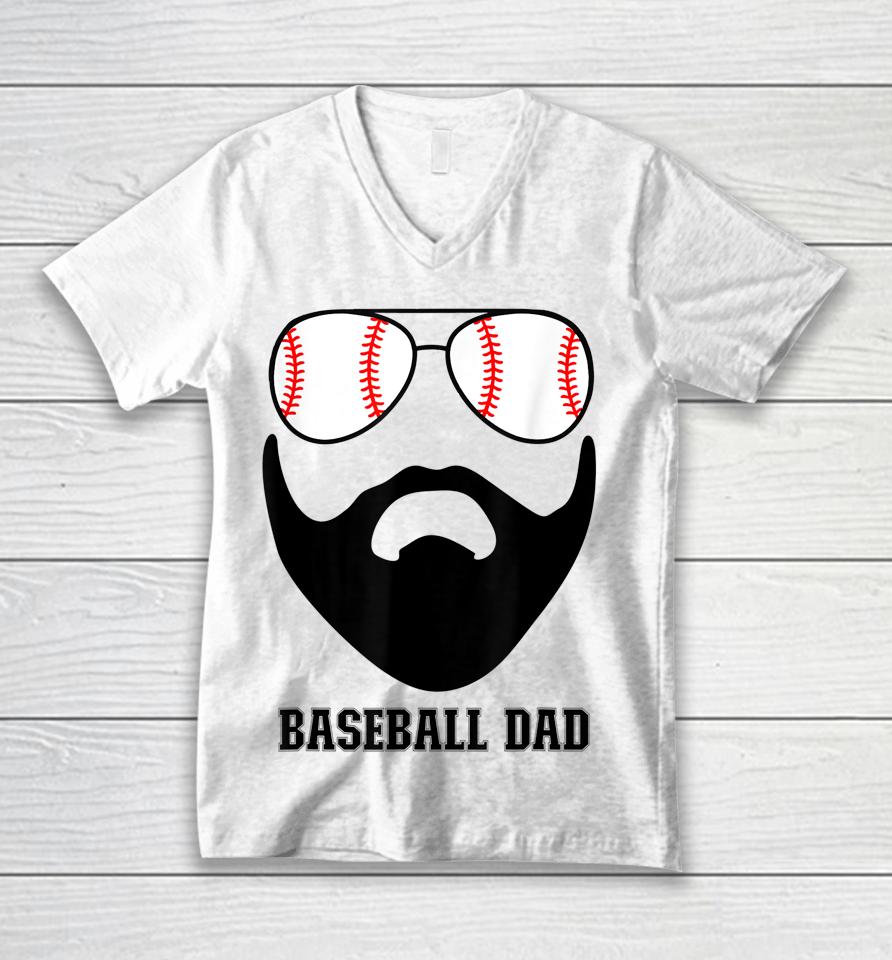 Baseball Dad Baseball Sunglasses Beard Funny Father's Day Unisex V-Neck T-Shirt