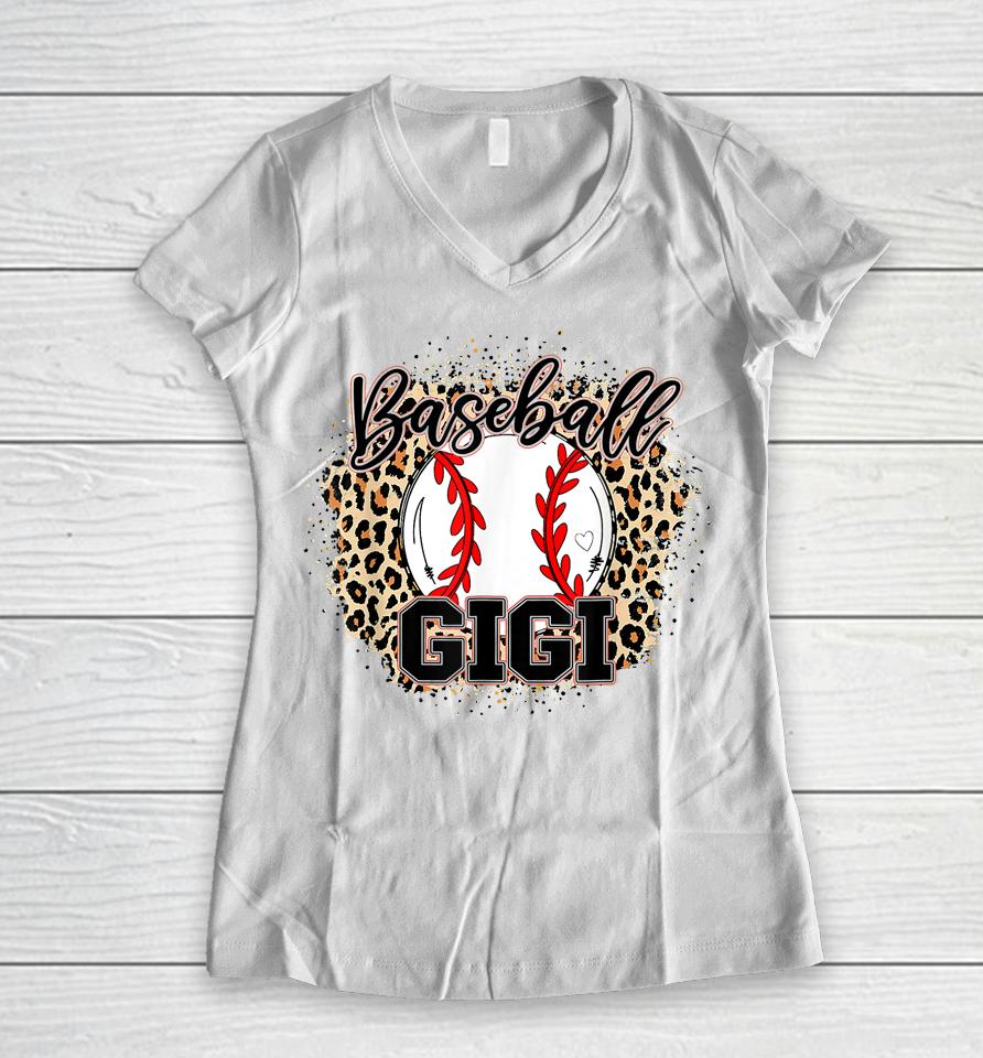 Baseball Gigi Leopard Baseball Lovers Family Mother's Day Women V-Neck T-Shirt