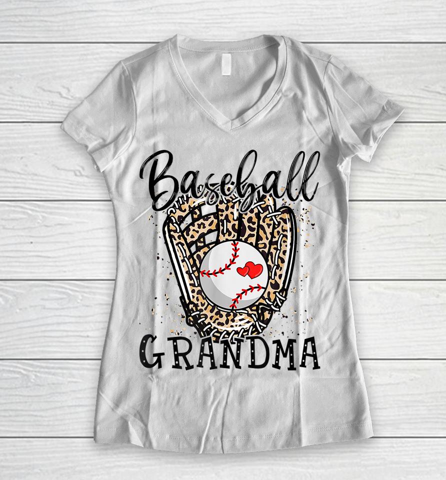 Baseball Grandma Leopard Game Day Baseball Lover Mother's Day Women V-Neck T-Shirt