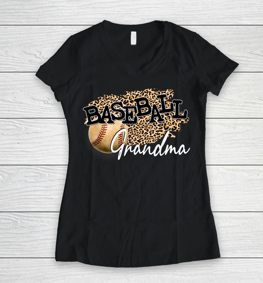 Baseball Grandma Leopard Mother's Day Women V-Neck T-Shirt
