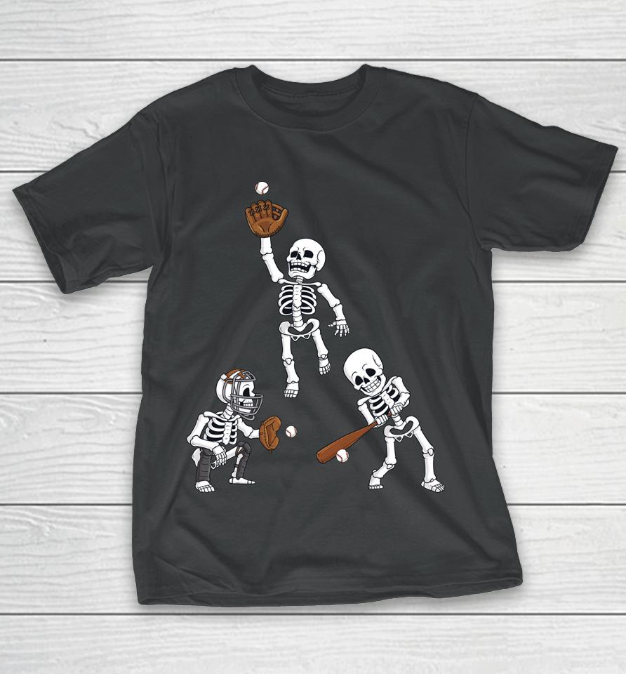 Baseball Halloween Skeletons Hitter Catcher T-Shirt