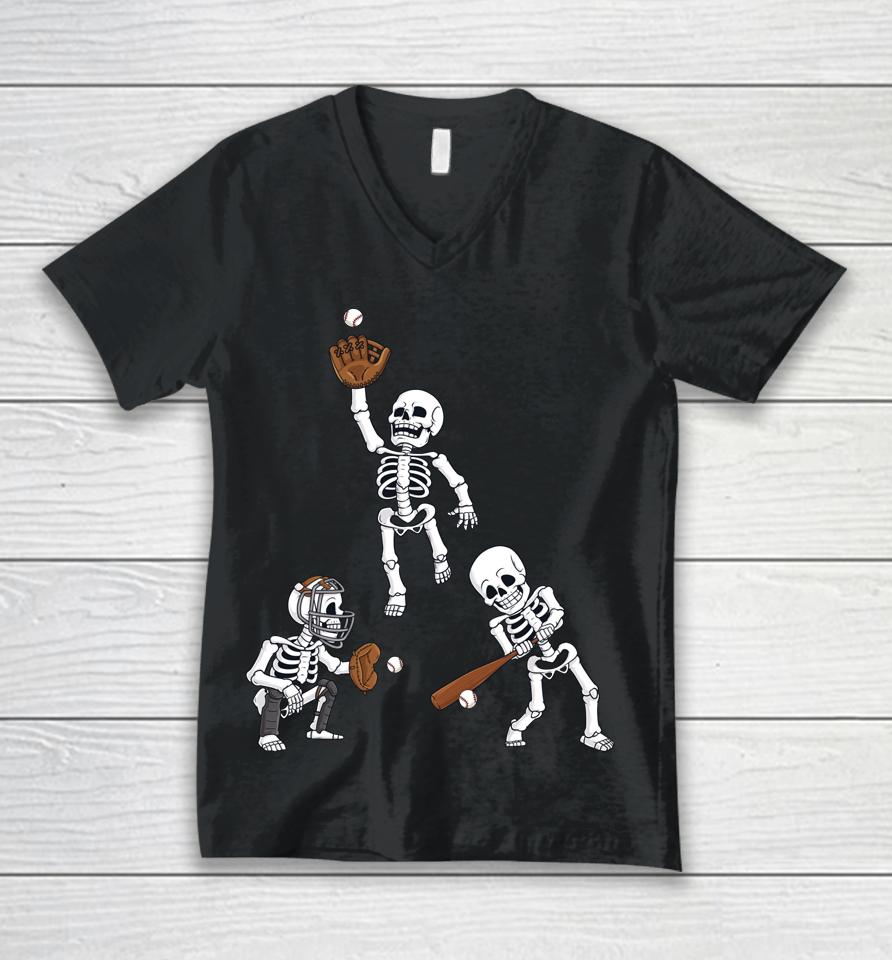Baseball Halloween Skeletons Hitter Catcher Unisex V-Neck T-Shirt