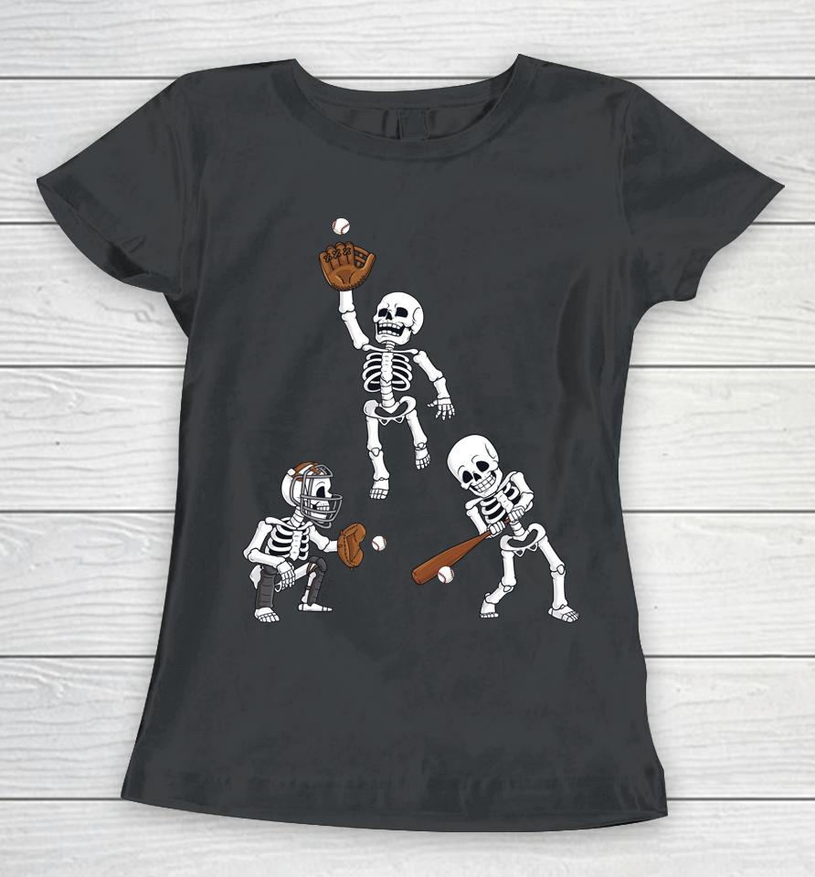 Baseball Halloween Skeletons Hitter Catcher Women T-Shirt