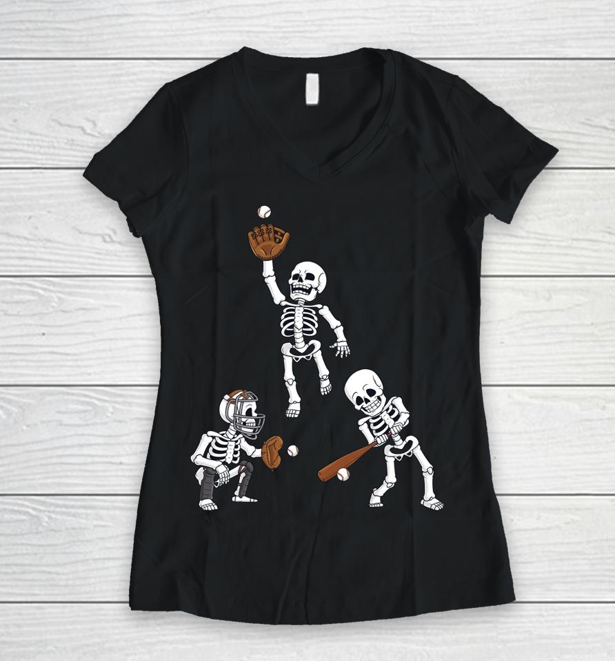 Baseball Halloween Skeletons Hitter Catcher Women V-Neck T-Shirt