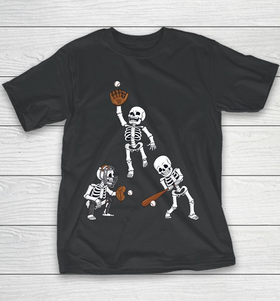 Baseball Halloween Skeletons Hitter Catcher Youth T-Shirt