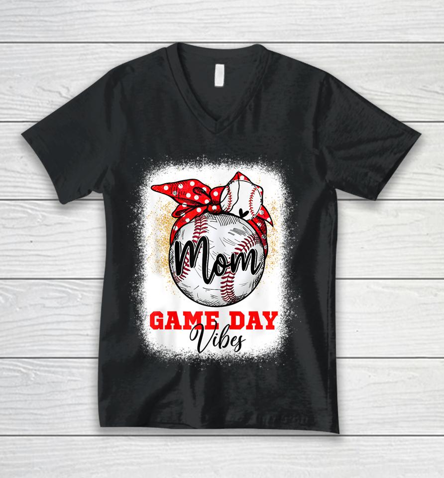 Baseball Mom Bleached Bun Game Day Vibes Mother's Day Unisex V-Neck T-Shirt