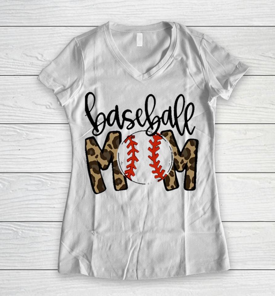 Baseball Mom Leopard Funny Softball Mom Mother’s Day Women V-Neck T-Shirt