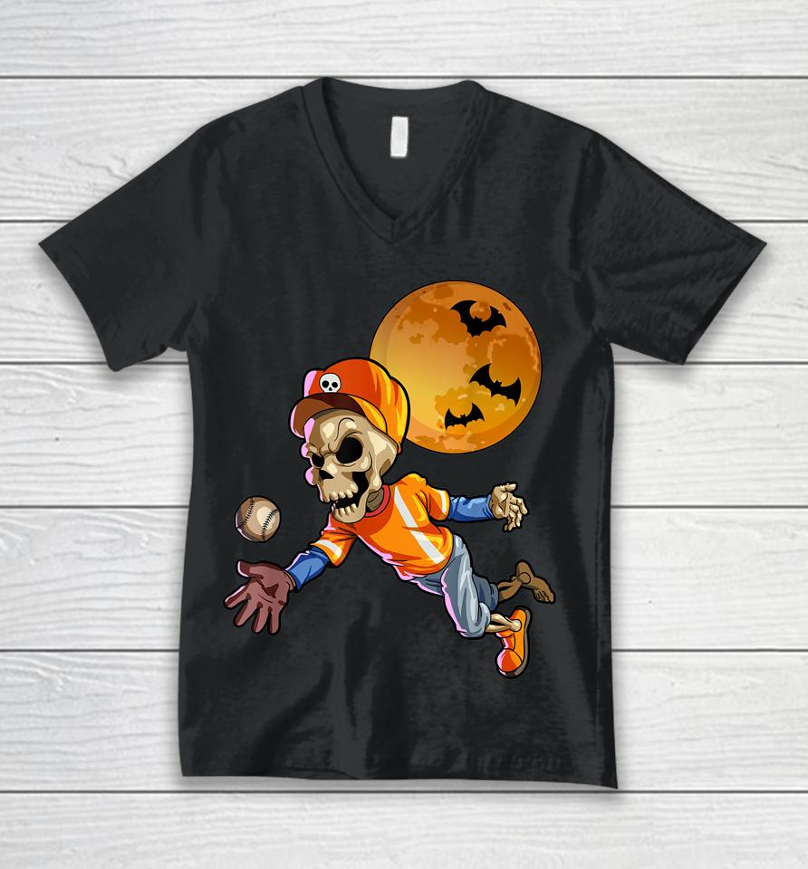 Baseball Skeleton Halloween Unisex V-Neck T-Shirt
