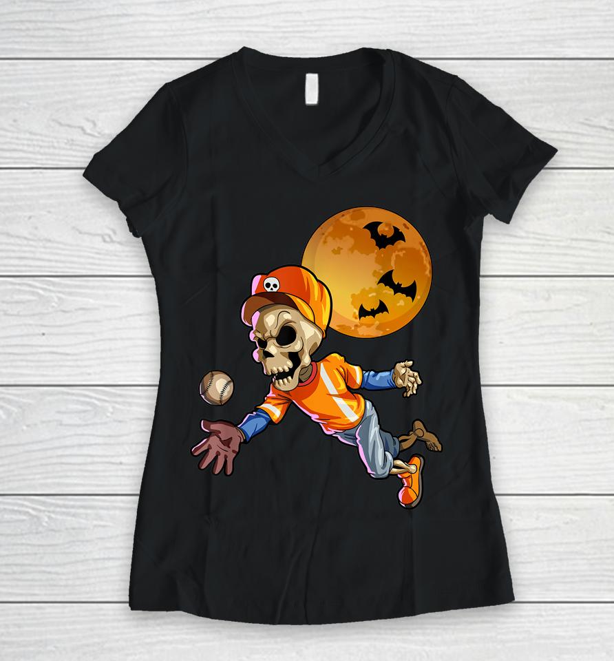 Baseball Skeleton Halloween Women V-Neck T-Shirt