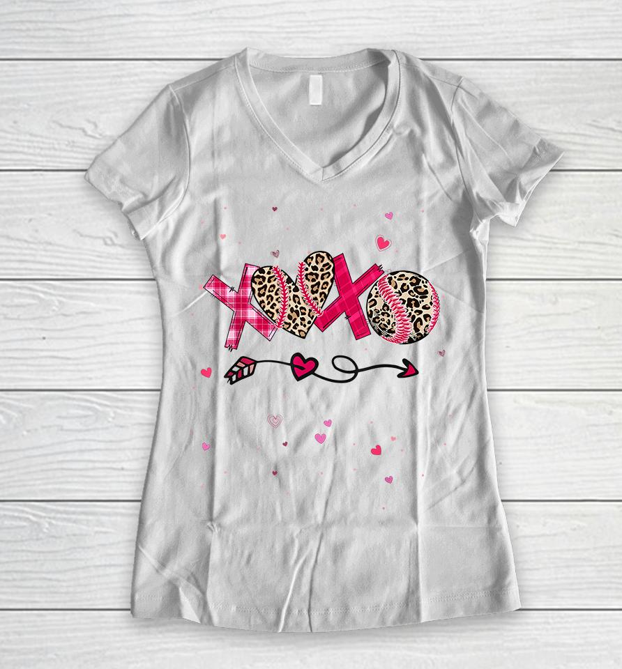 Baseball Softball Xoxo Heart Valentines Day Women V-Neck T-Shirt
