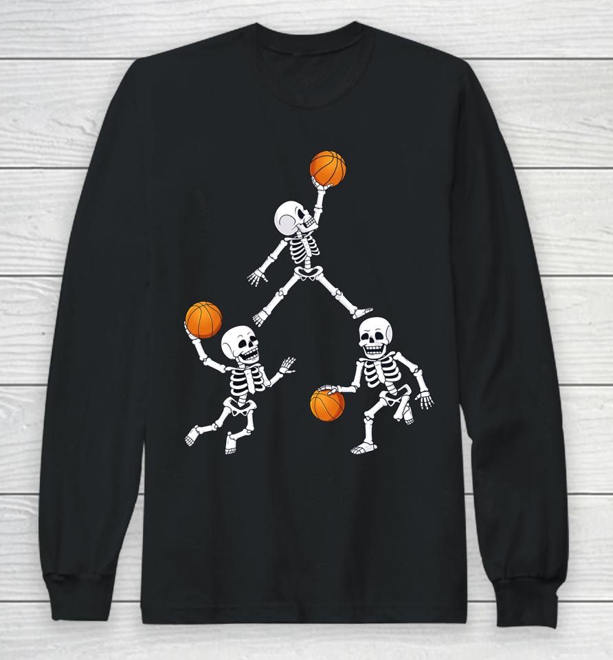 Basketball Halloween Skeleton Dunking Dribble Boys Long Sleeve T-Shirt