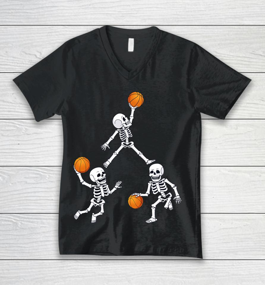 Basketball Halloween Skeleton Dunking Dribble Boys Unisex V-Neck T-Shirt