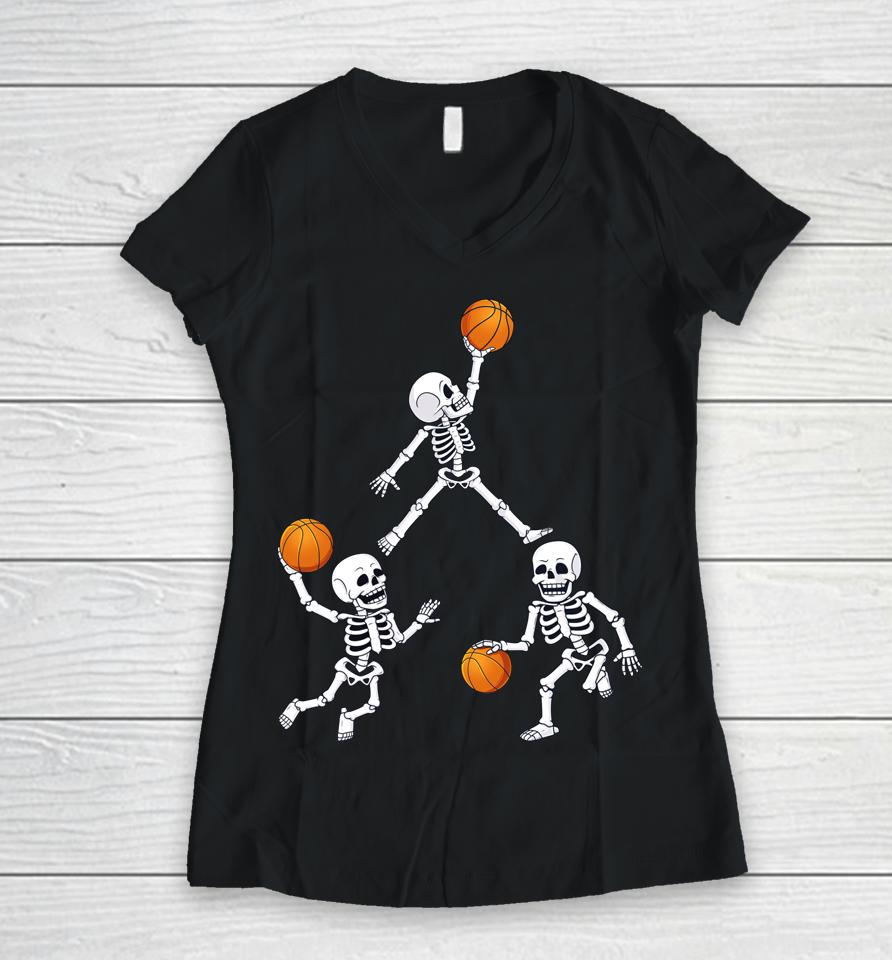 Basketball Halloween Skeleton Dunking Dribble Boys Women V-Neck T-Shirt