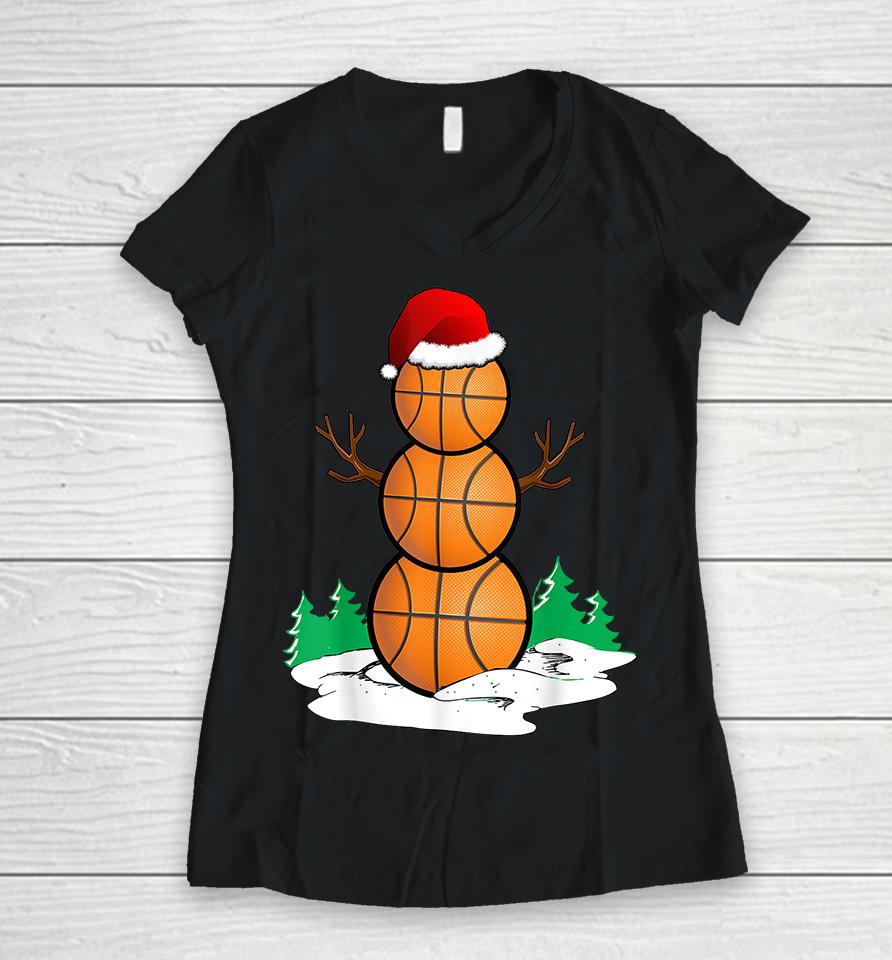 Basketball Snowman Balls Christmas Pajama Women V-Neck T-Shirt