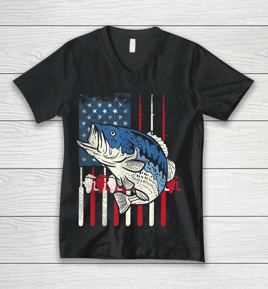 Bass Fish Us American Flag Patriotic Fishing Fisherman Gift Unisex V-Neck T-Shirt