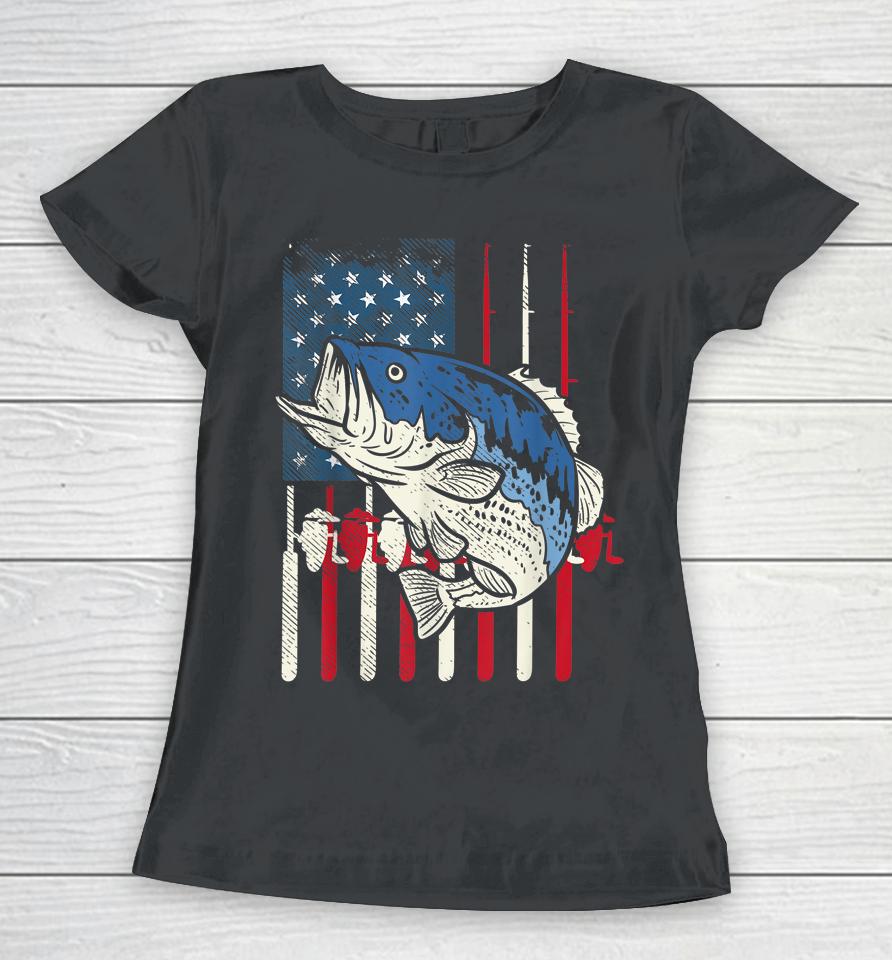 Bass Fish Us American Flag Patriotic Fishing Fisherman Gift Women T-Shirt