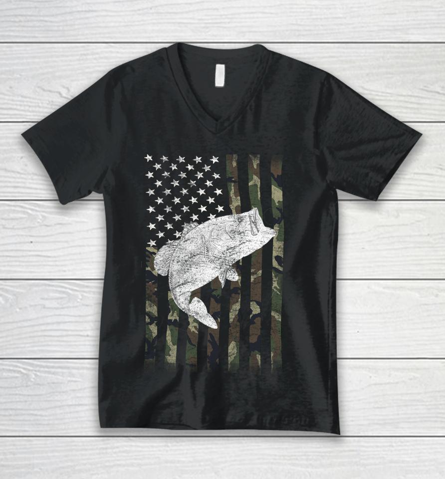 Bass Fishing American Camo Usa Flag For Fisherman Unisex V-Neck T-Shirt