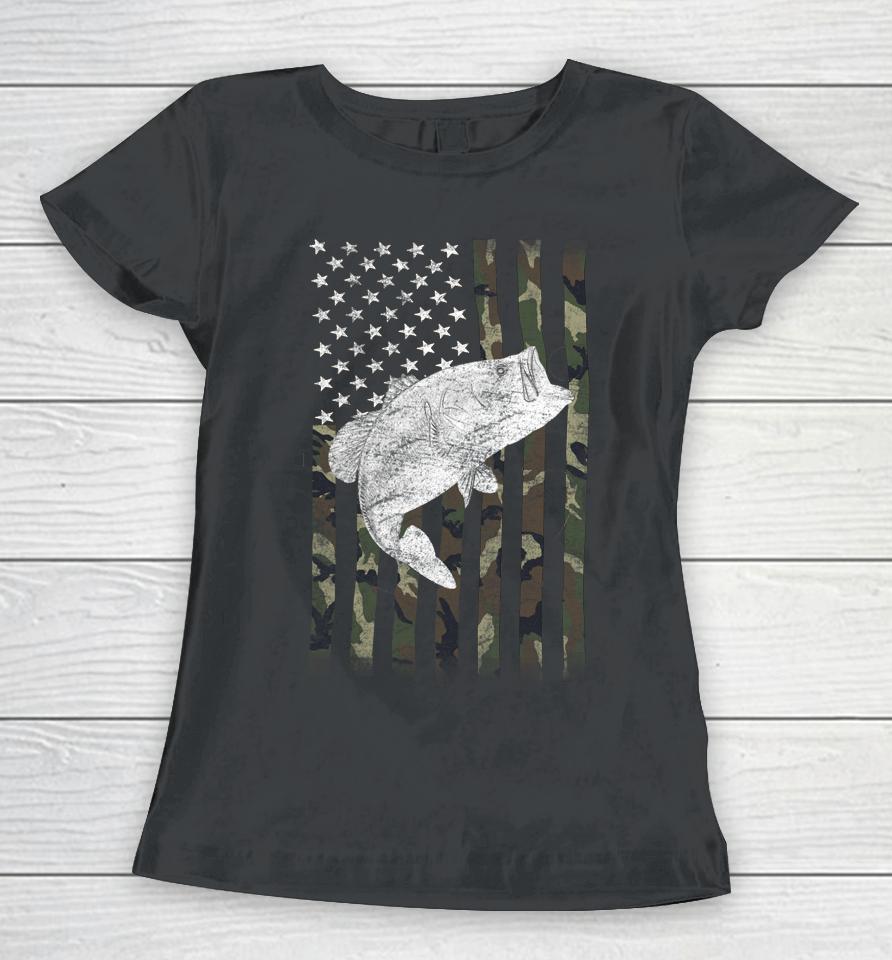 Bass Fishing American Camo Usa Flag For Fisherman Women T-Shirt