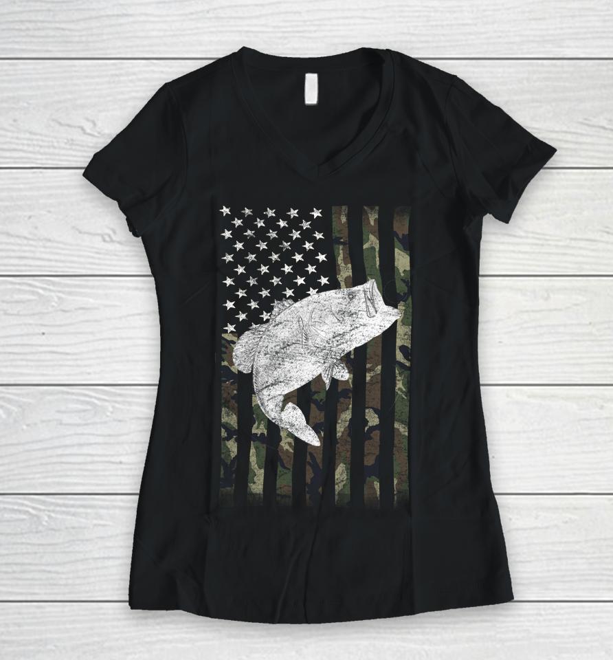 Bass Fishing American Camo Usa Flag For Fisherman Women V-Neck T-Shirt