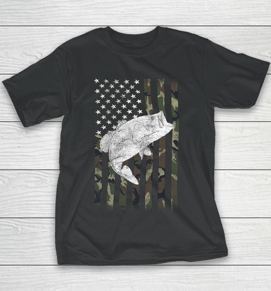Bass Fishing American Camo Usa Flag For Fisherman Youth T-Shirt