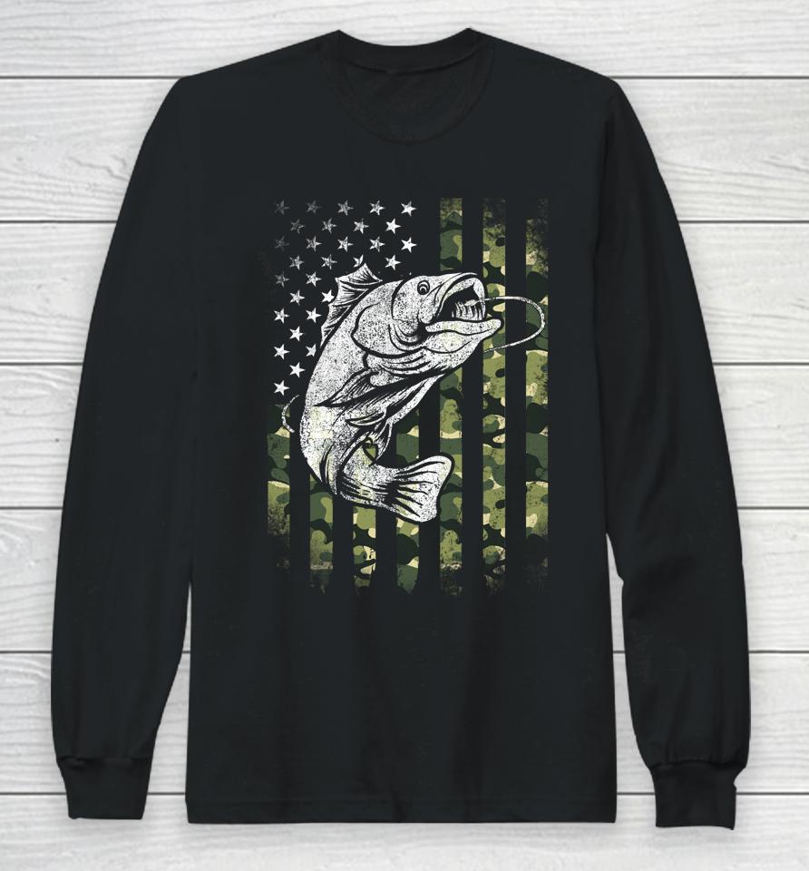 Bass Fishing American Camo Usa Flag Funny Fishing Long Sleeve T-Shirt