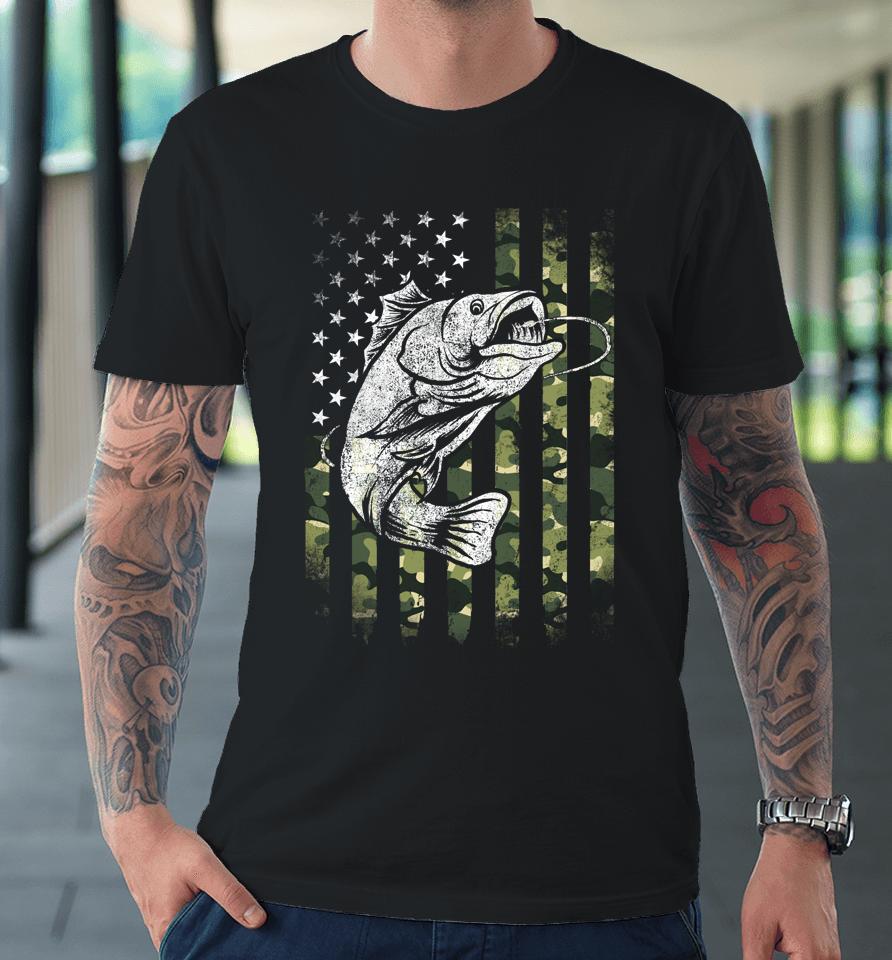 Bass Fishing American Camo Usa Flag Funny Fishing Premium T-Shirt