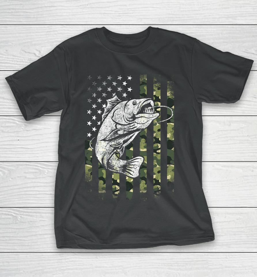 Bass Fishing American Camo Usa Flag Funny Fishing T-Shirt