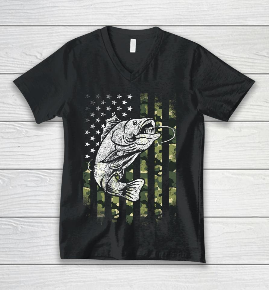Bass Fishing American Camo Usa Flag Funny Fishing Unisex V-Neck T-Shirt