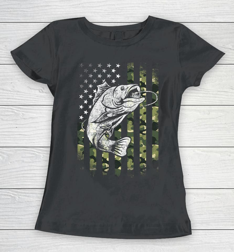 Bass Fishing American Camo Usa Flag Funny Fishing Women T-Shirt