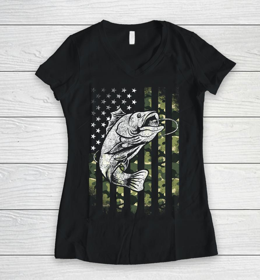 Bass Fishing American Camo Usa Flag Funny Fishing Women V-Neck T-Shirt
