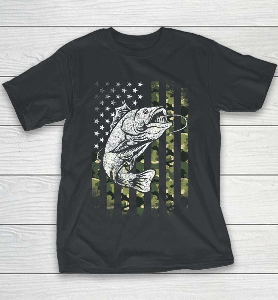 Bass Fishing American Camo Usa Flag Funny Fishing Youth T-Shirt