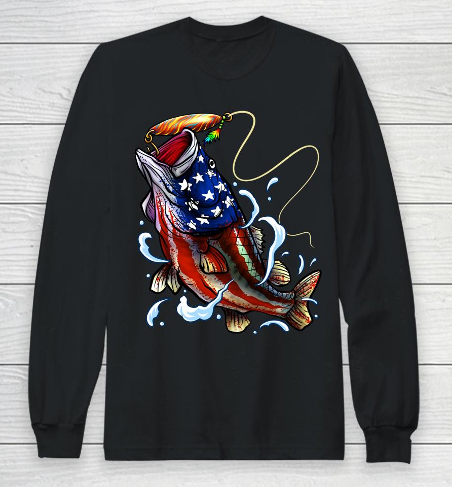 Bass Fishing Fish American Flag Dad Father Fourth Of July Long Sleeve T-Shirt
