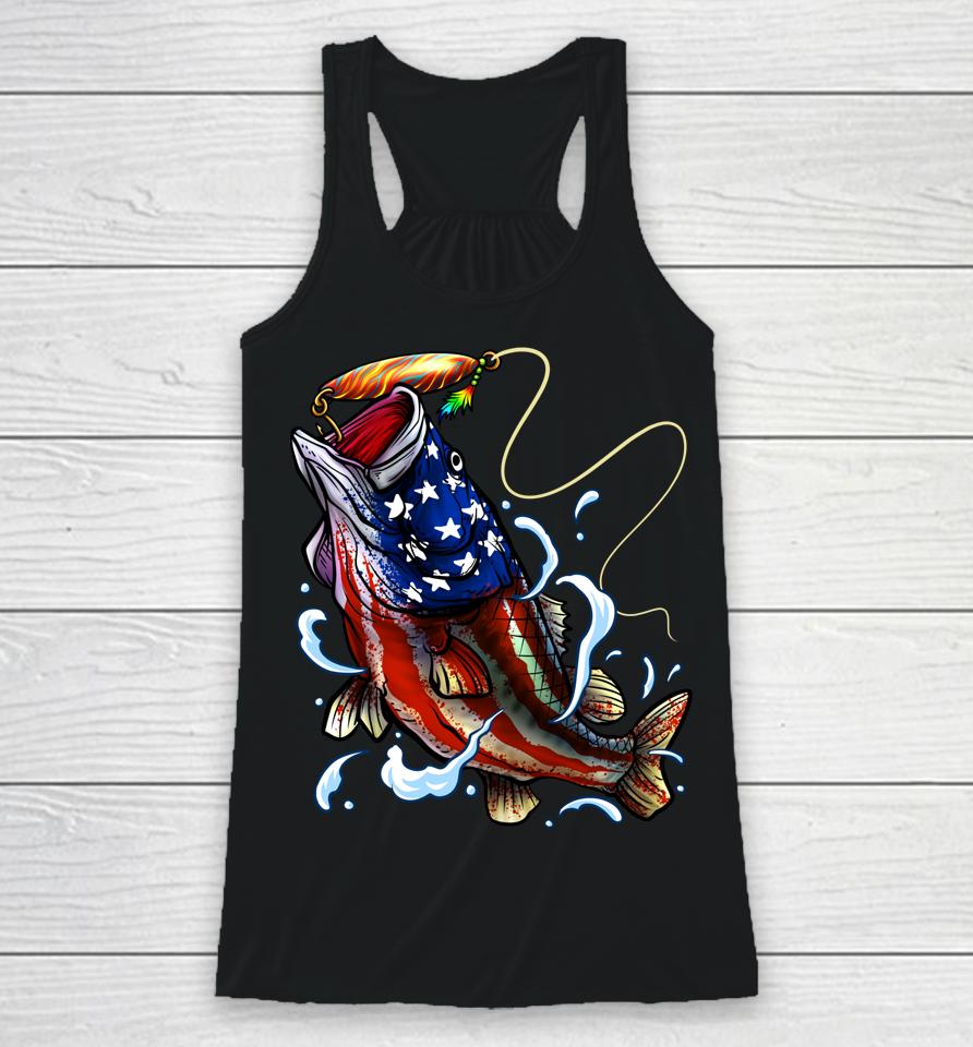 Bass Fishing Fish American Flag Dad Father Fourth Of July Racerback Tank