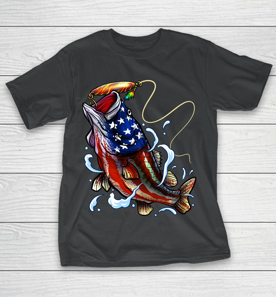 Bass Fishing Fish American Flag Dad Father Fourth Of July T-Shirt