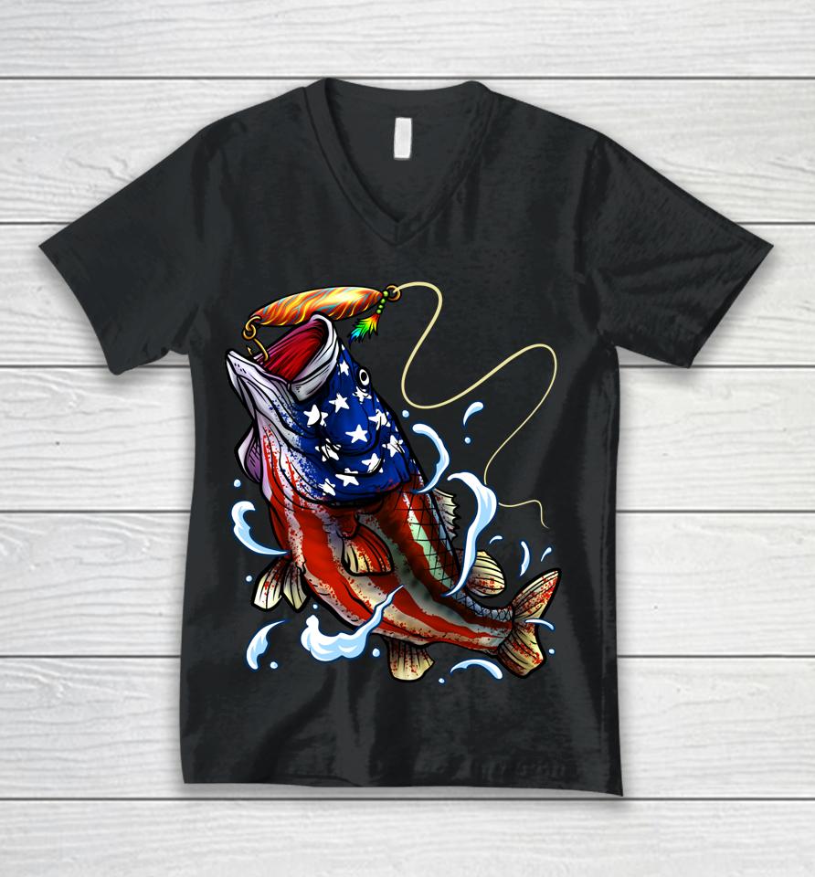 Bass Fishing Fish American Flag Dad Father Fourth Of July Unisex V-Neck T-Shirt