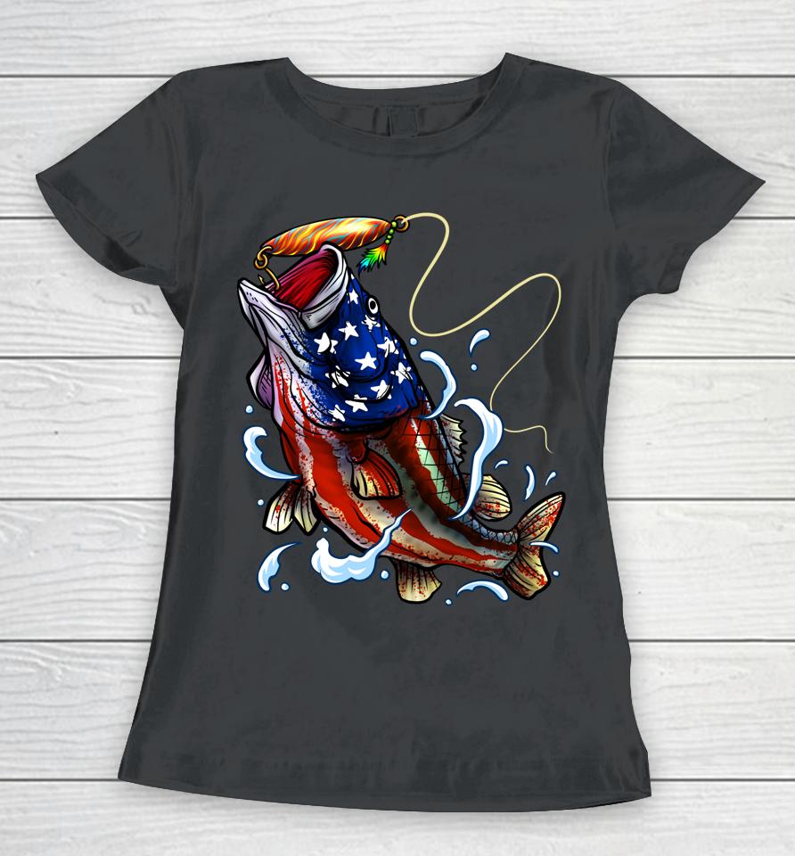 Bass Fishing Fish American Flag Dad Father Fourth Of July Women T-Shirt