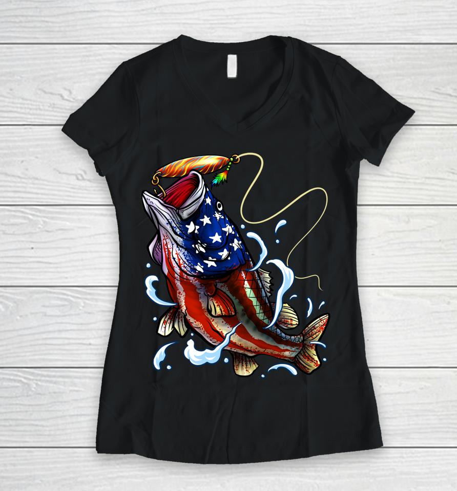 Bass Fishing Fish American Flag Dad Father Fourth Of July Women V-Neck T-Shirt