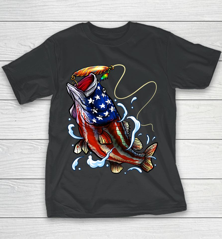 Bass Fishing Fish American Flag Dad Father Fourth Of July Youth T-Shirt