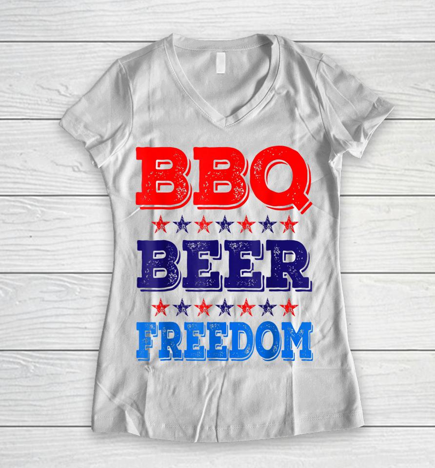 Bbq Beer Freedom America Beer Usa Party 4Th Of July Women V-Neck T-Shirt