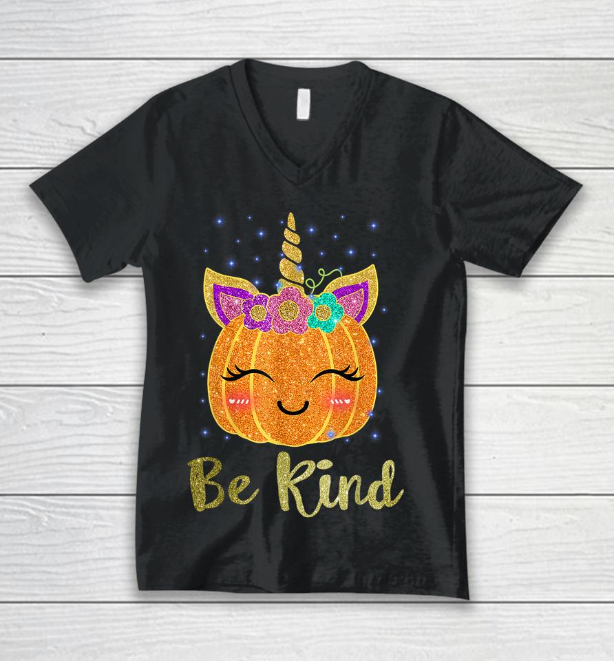 Be Kind Cute Pumpkin Unicorn Orange Unity Day Unisex V-Neck T-Shirt