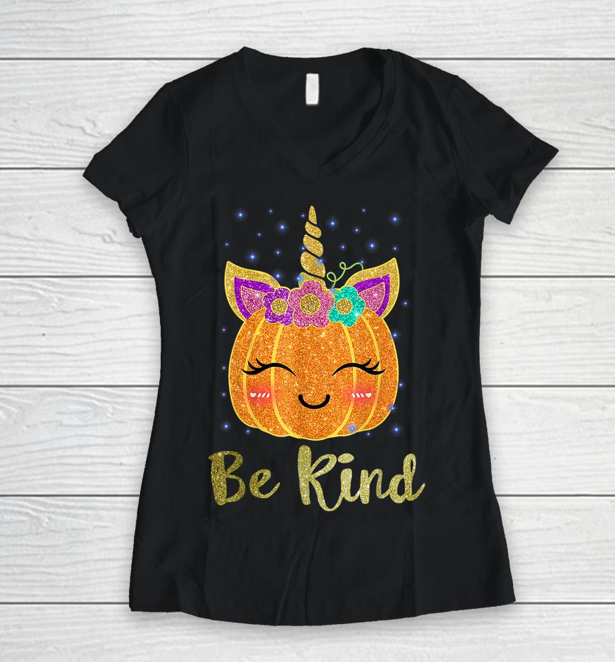 Be Kind Cute Pumpkin Unicorn Orange Unity Day Women V-Neck T-Shirt