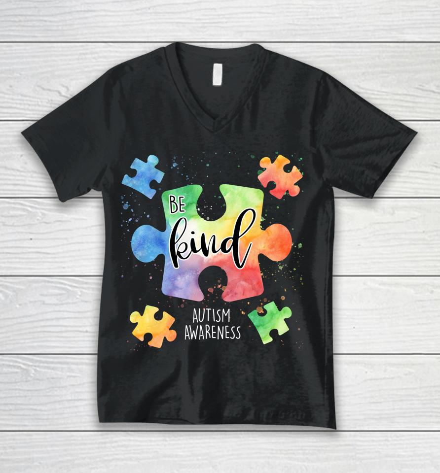 Be Kind Puzzle Pieces Cute Autism Awareness Unisex V-Neck T-Shirt