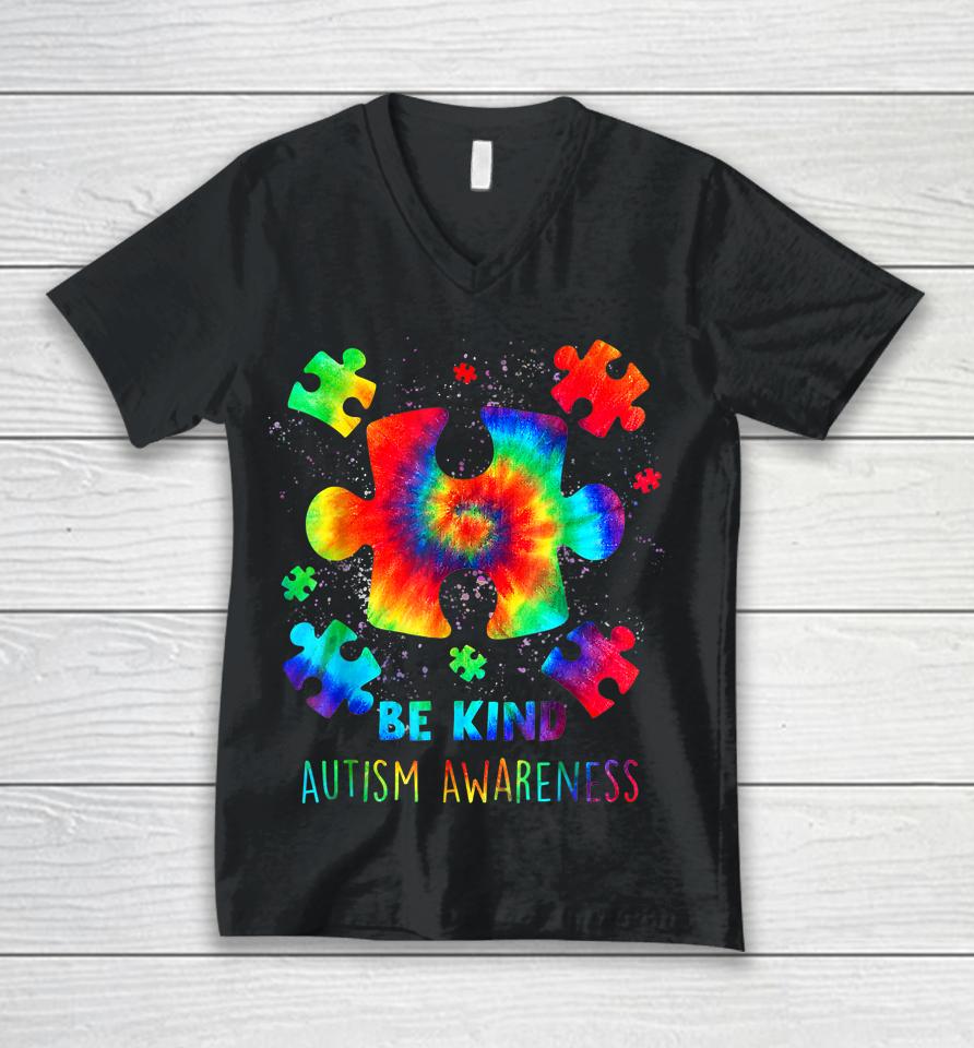 Be Kind Puzzle Pieces Tie Dye Autism Awareness Unisex V-Neck T-Shirt