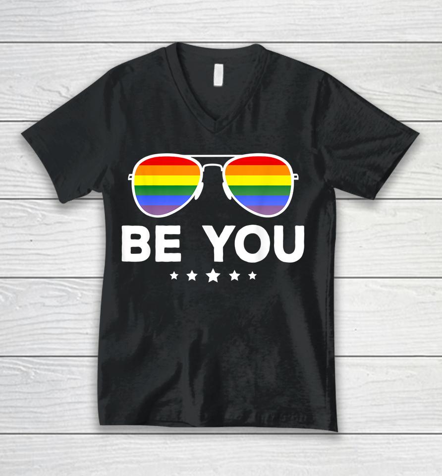 Be You Lgbt Rainbow Sunglasses Unisex V-Neck T-Shirt