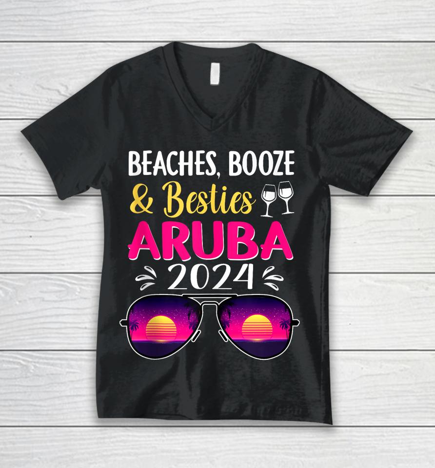 Beaches Booze Besties Aruba 2024 Vacation Spring Break Unisex V-Neck T-Shirt