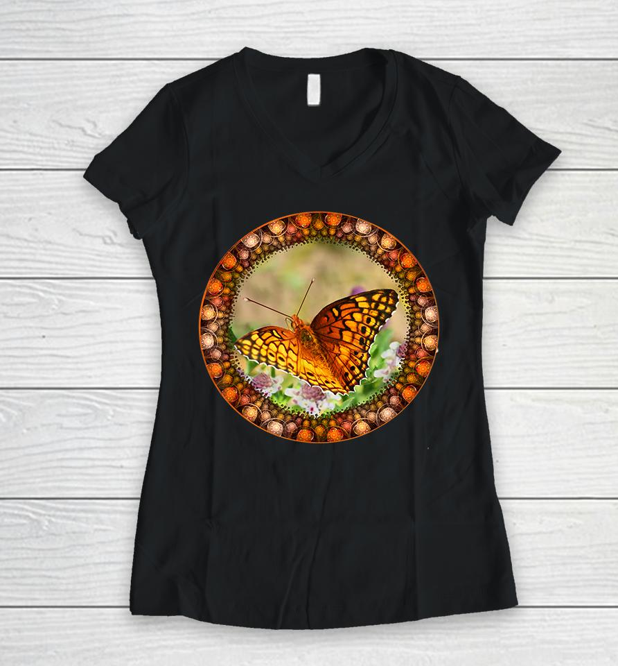 Beautiful Butterfly Among The Flowers Women V-Neck T-Shirt