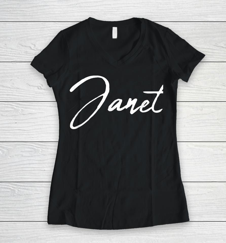 Beautiful Feminine Janet Handwritten Font Women V-Neck T-Shirt