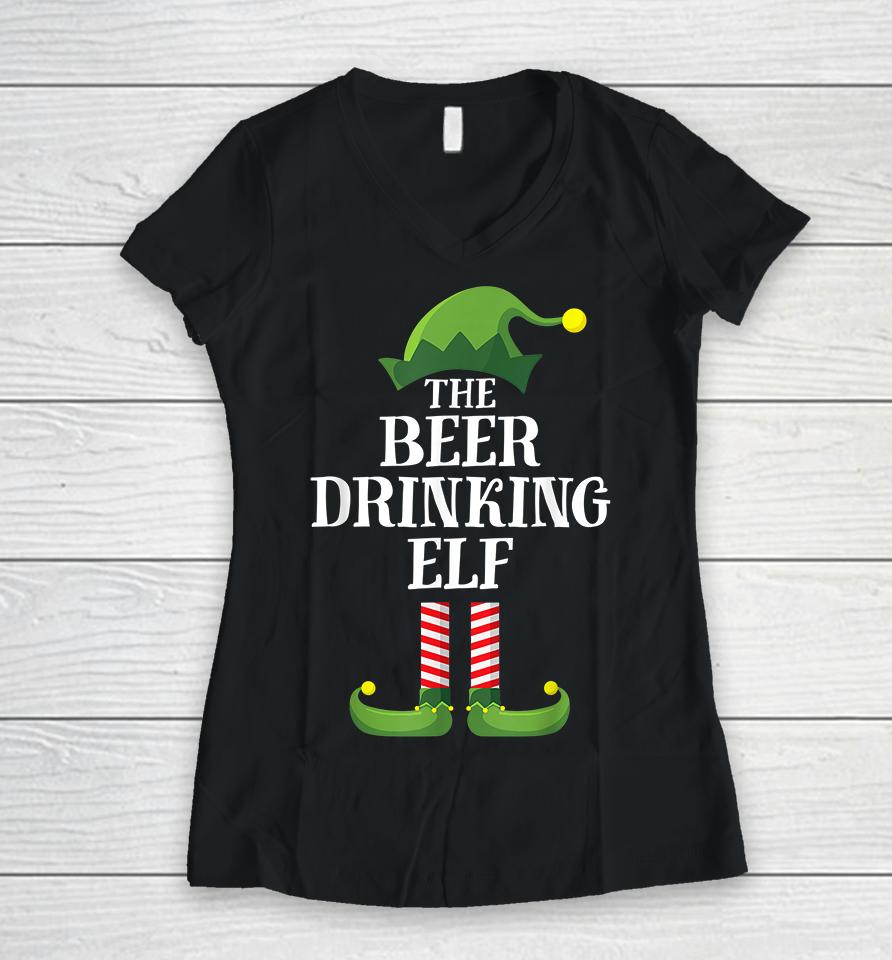 Beer Drinking Elf Matching Family Group Christmas Women V-Neck T-Shirt