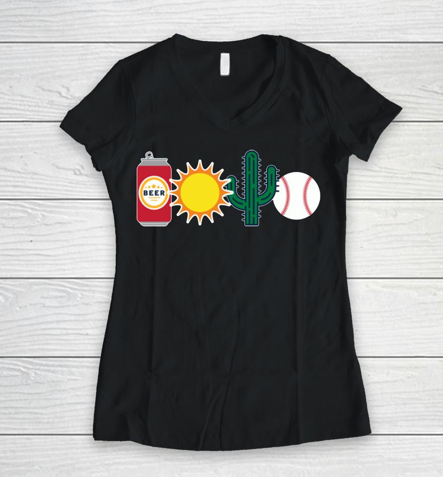 Beer Sun Cactus And Baseball Women V-Neck T-Shirt