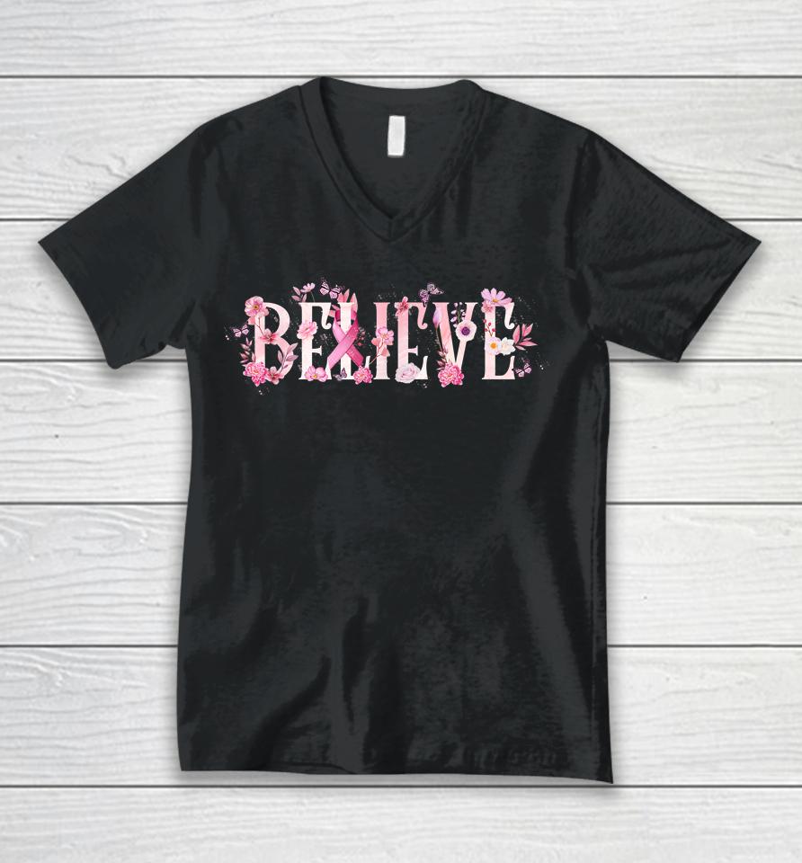 Believe Breast Cancer Awareness Pink Ribbons Butterfly Unisex V-Neck T-Shirt